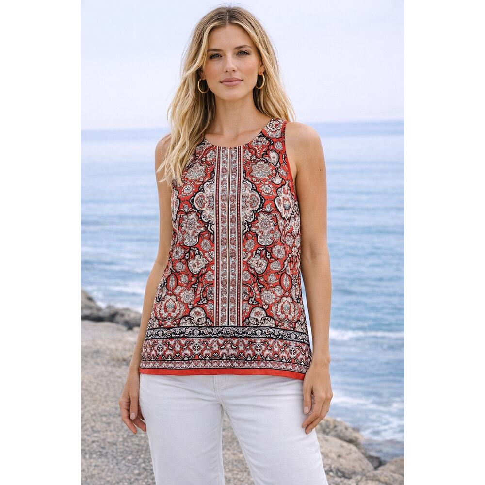Max Studio Boho Medallion Print Sleeveless Blouse Red Tank Top L Resort Summer